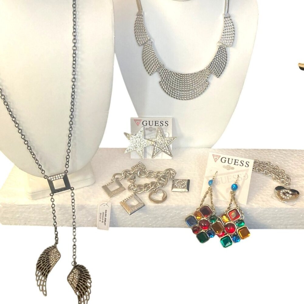 Guess Jewelry Lot Necklace Earrings Bracelet 6 Pc Silver Tone Rhinestones New